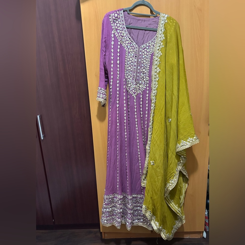 Purple and mustard pakistani two piece dress